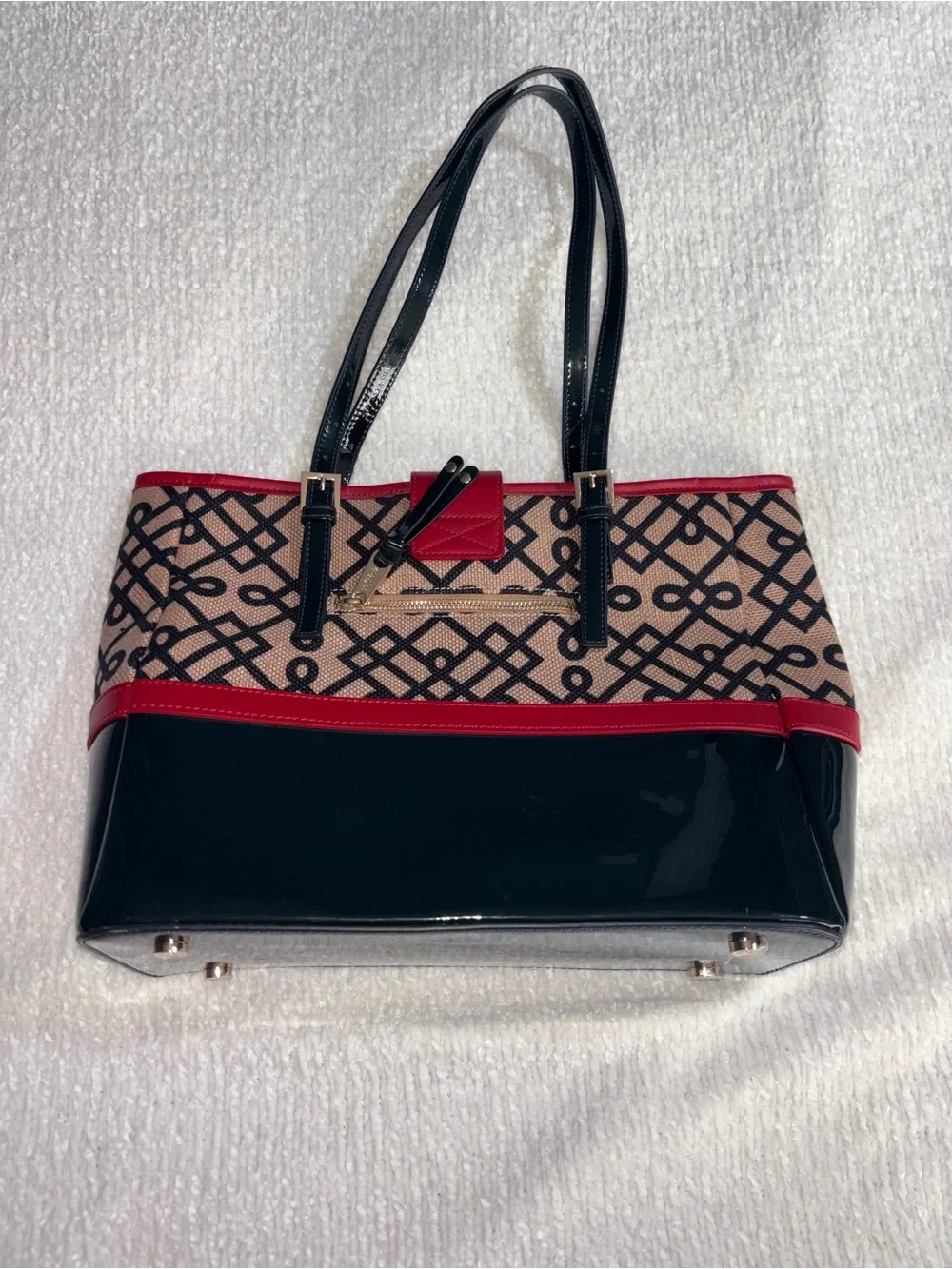 Spartina 449 Black and Burgundy Pattern Tote with Geometric Print